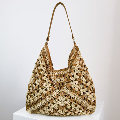 Handmade Straw Woven Hollow Contrast Color Weave Shoulder Bag