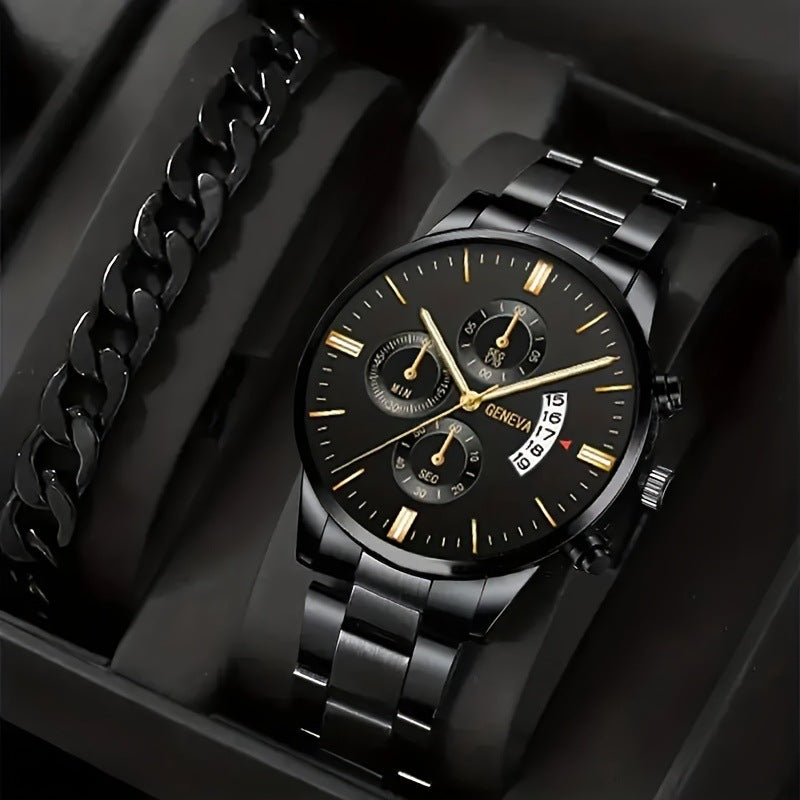 Popular Steel Strip Fashion Business Three Eye Quartz Watch Set Gifts