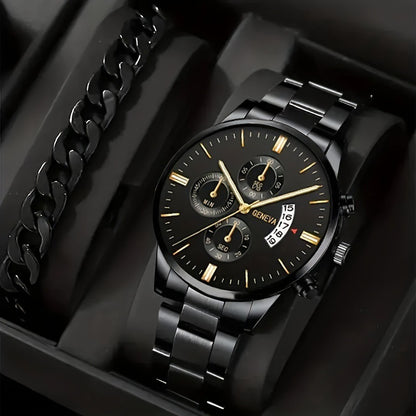 Popular Steel Strip Fashion Business Three Eye Quartz Watch Set Gifts