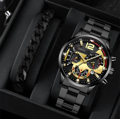Popular Steel Strip Fashion Business Three Eye Quartz Watch Set Gifts