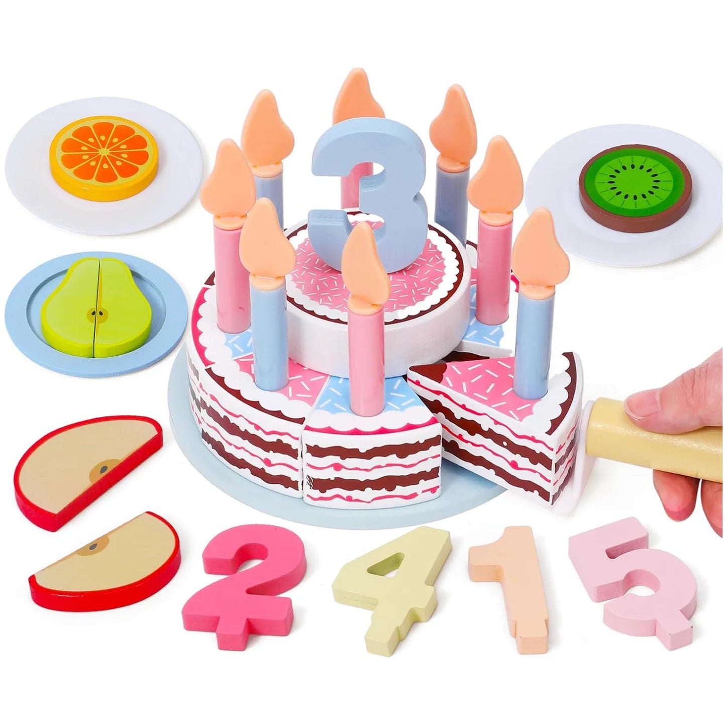 Wooden Kids Birthday Cake Toy Pretend Play Cutting Food Game Children Role Play