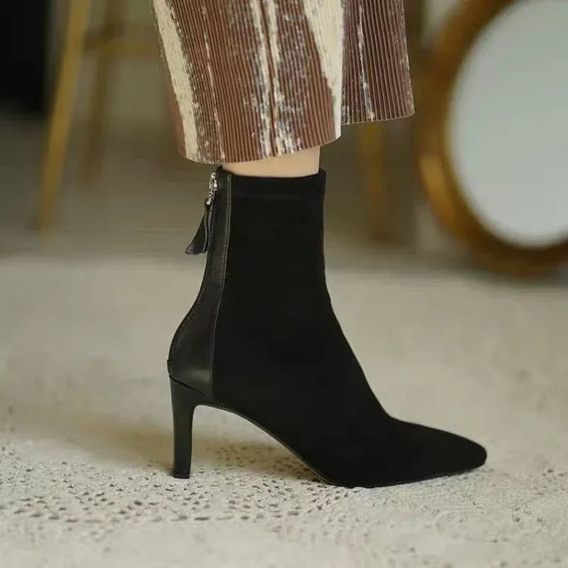 High Heel Suede Boots Women's Korean Style Mid Heel Stretch Thin Boots Pointed Toe