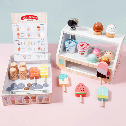 Wooden Ice Cream Counter Playset for Toddler Toys