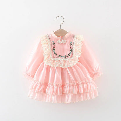 Lace Princess Dress with Embroidered Pan Button Chinese Style Baby Dress
