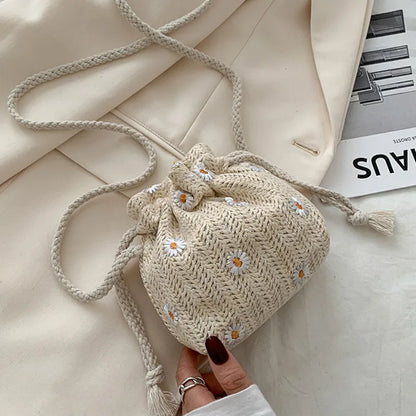 Drawstring Straw Beach Bags Flower Embroidery Bags Lace Crossbody Handbags