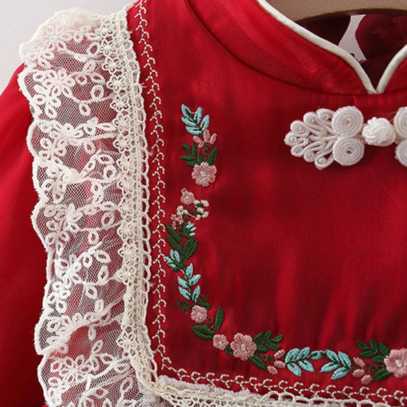 Lace Princess Dress with Embroidered Pan Button Chinese Style Baby Dress