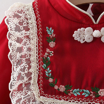 Lace Princess Dress with Embroidered Pan Button Chinese Style Baby Dress