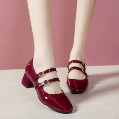Women Double Buckle Mary Janes Patent Leather Dress Shoes High Heels Pumps Retro
