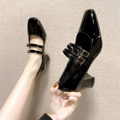 Women Double Buckle Mary Janes Patent Leather Dress Shoes High Heels Pumps Retro
