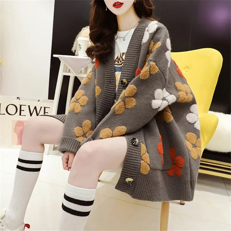 Knit Cardigan Women Sweater Print Floral V Neck Long Sleeved Sweaters