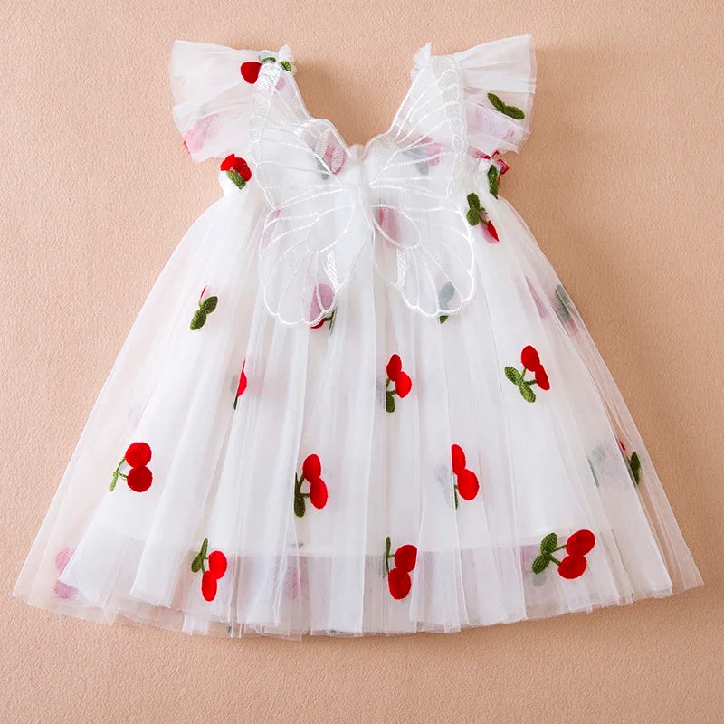 Little Flying Sleeve Dress Children's Bow Strawberry Embroidery