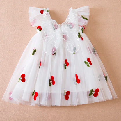 Little Flying Sleeve Dress Children's Bow Strawberry Embroidery
