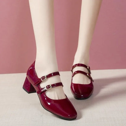Women Double Buckle Mary Janes Patent Leather Dress Shoes High Heels Pumps Retro