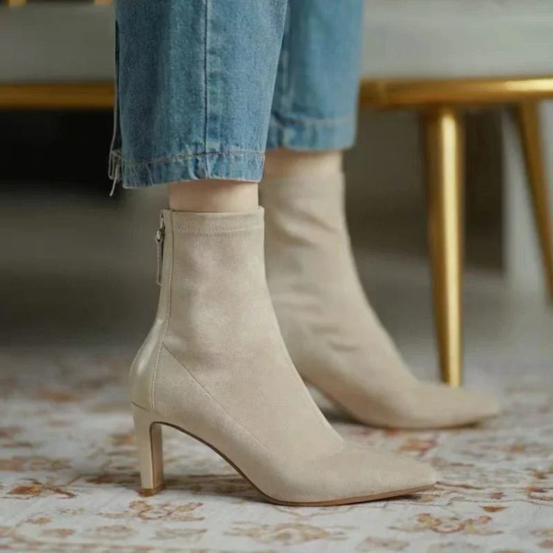 High Heel Suede Boots Women's Korean Style Mid Heel Stretch Thin Boots Pointed Toe