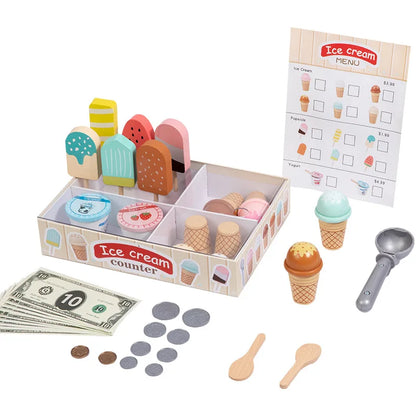 Wooden Ice Cream Counter Playset for Toddler Toys