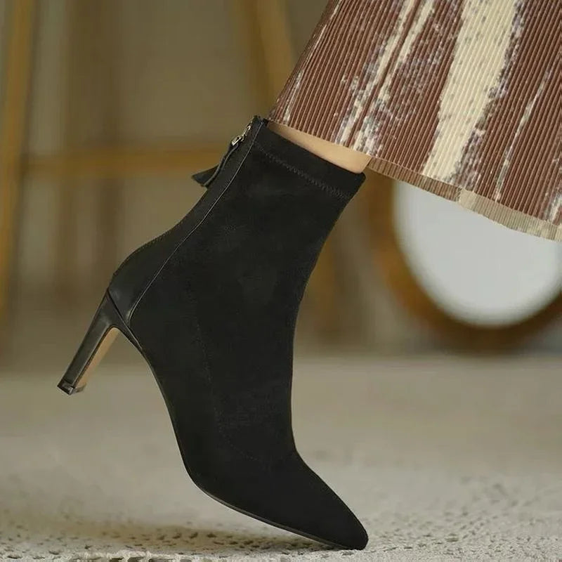 High Heel Suede Boots Women's Korean Style Mid Heel Stretch Thin Boots Pointed Toe