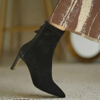 High Heel Suede Boots Women's Korean Style Mid Heel Stretch Thin Boots Pointed Toe
