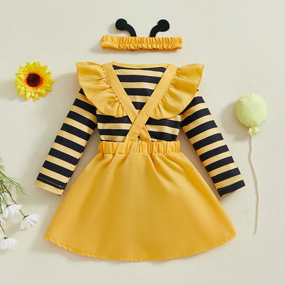 Autumn Skirt Sets Flying Sleeve Romper Bee Beetle Embroidery