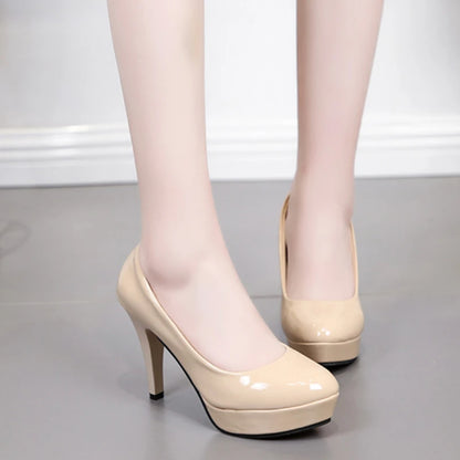 Waterproof platform high heels patent leather sexy round toe stiletto wedding shoes