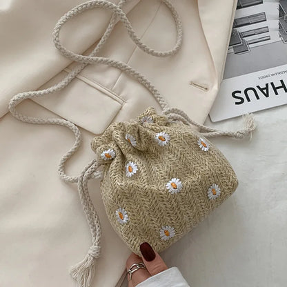 Drawstring Straw Beach Bags Flower Embroidery Bags Lace Crossbody Handbags