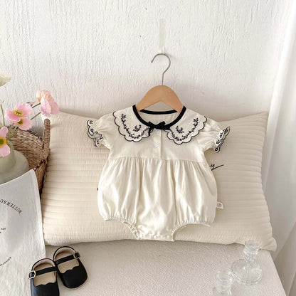 Baby Summer Embroidered Lapel Short Sleeve Triangle Jumpsuit