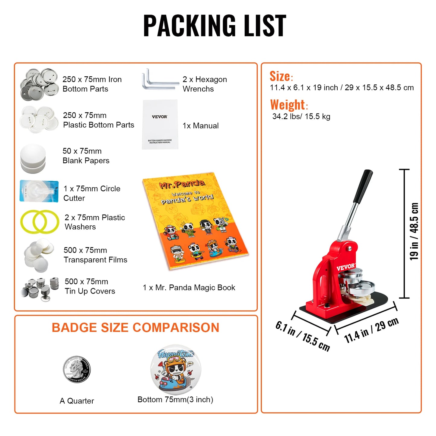 Badge Maker Machine DIY Button Pin with 500Pcs Free Parts Press Kit Circle Manufacture