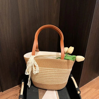 Shoulder Bag Sweet Woven Tote Bag Breathable Lace Ribbon Stripe