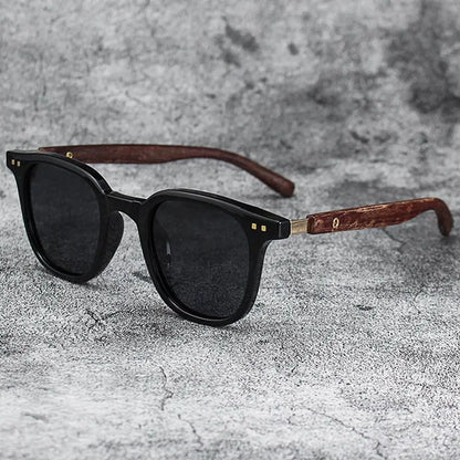 Trendy Retro Wood Grain Sunglasses Square Frame UV Protection