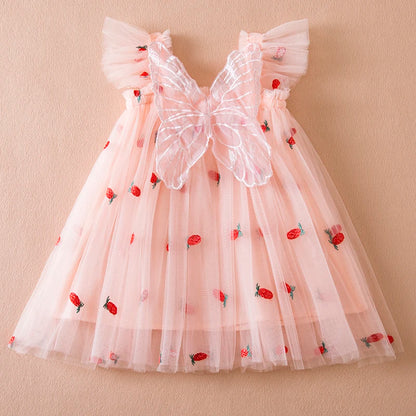 Little Flying Sleeve Dress Children's Bow Strawberry Embroidery