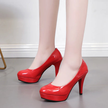 Waterproof platform high heels patent leather sexy round toe stiletto wedding shoes