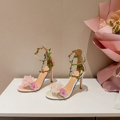 Summer Pink Sweet Chiffon Flower Dream High Heels Lace up Sandals Wedding Banquet