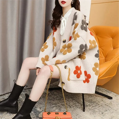 Knit Cardigan Women Sweater Print Floral V Neck Long Sleeved Sweaters
