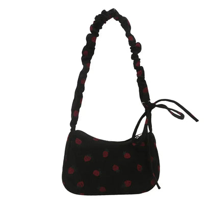 Corduroy Handbag Cute Strawberry Print Little Tote Half Moon Design Eco Cloth Purse