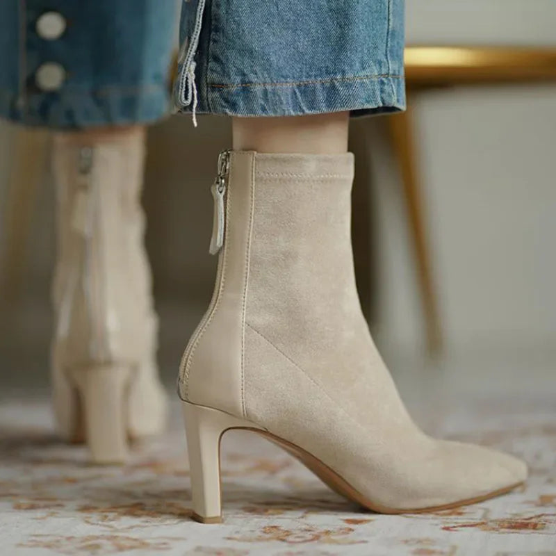 High Heel Suede Boots Women's Korean Style Mid Heel Stretch Thin Boots Pointed Toe