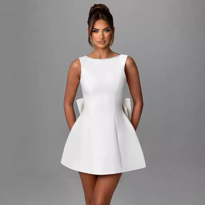 Big-Bowed Pearls Backless Dress Summer Slim Sleeveless A-line Dresses for Party Evening
