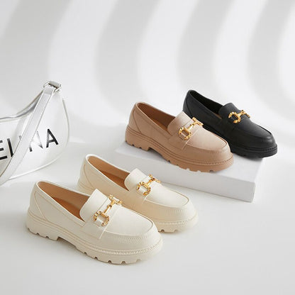 Retro Small Golden Button Round Toe PVC Slip-on Platform Shoes
