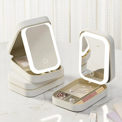 Makeup Storage Box with LED Light Mirror Portable Travel