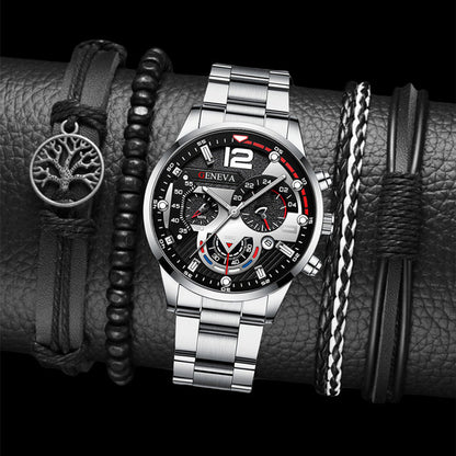 Popular Steel Strip Fashion Business Three Eye Quartz Watch Set Gifts