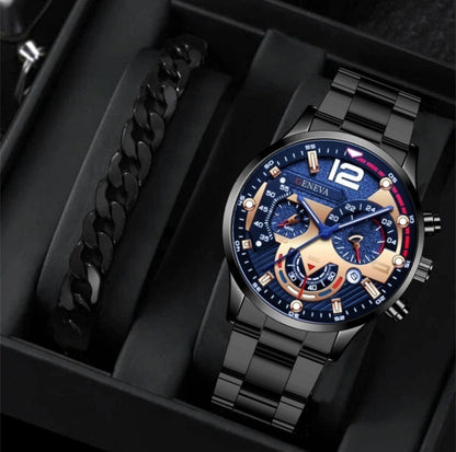 Popular Steel Strip Fashion Business Three Eye Quartz Watch Set Gifts