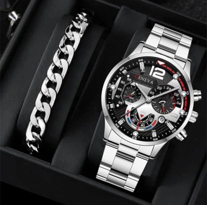 Popular Steel Strip Fashion Business Three Eye Quartz Watch Set Gifts
