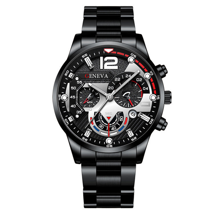 Popular Steel Strip Fashion Business Three Eye Quartz Watch Set Gifts