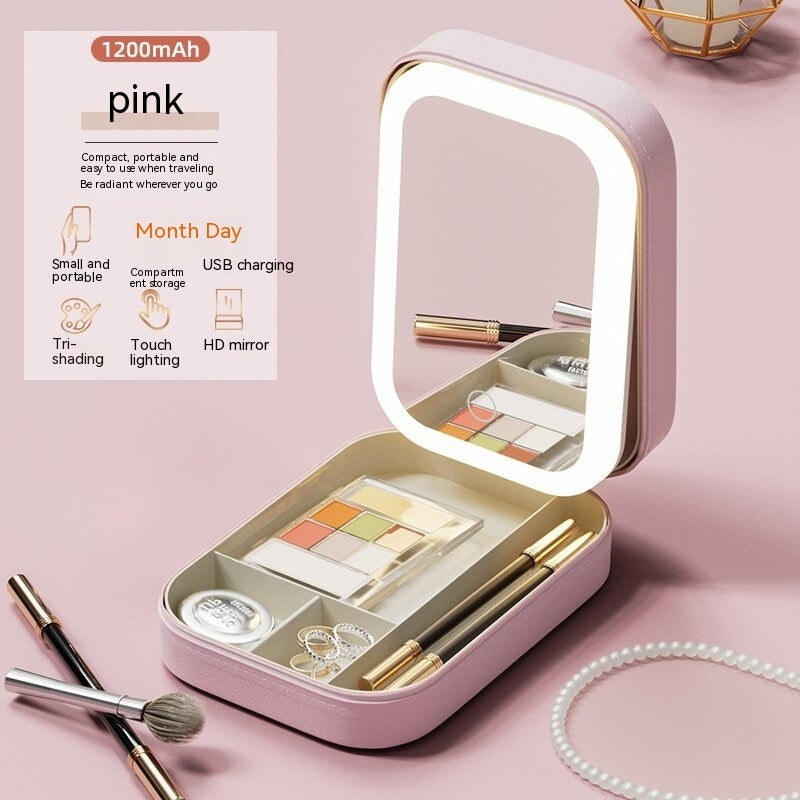 Makeup Storage Box with LED Light Mirror Portable Travel