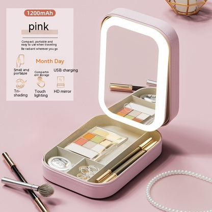 Makeup Storage Box with LED Light Mirror Portable Travel